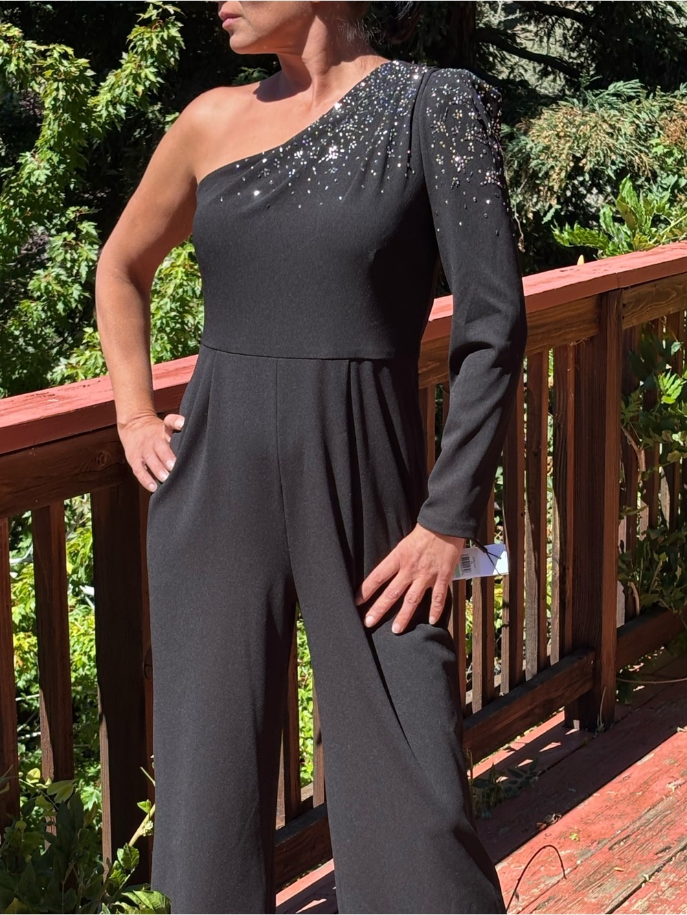 Gorgeous Calvin Klein One-Shoulder Black Jumpsuit with Sequin Shoulder
